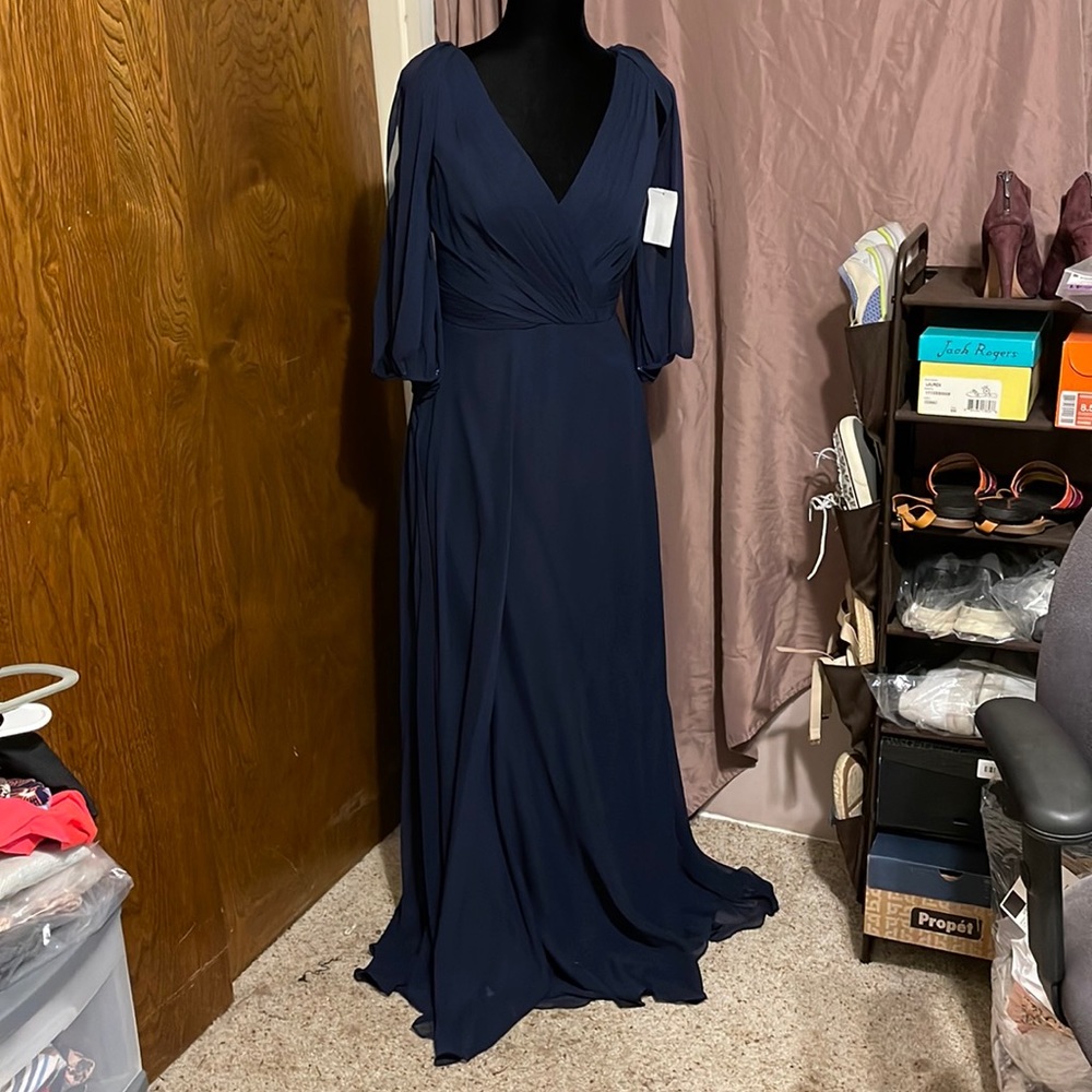 Jenny Packham NWT midnight blue chiffon sheer sleeves floor length dress,sz.6